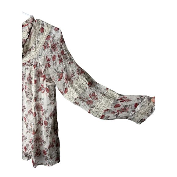 Anthropologie Boho Blouse tiny floral crinkle chiffon lace trim poet sleeve S - Picture 7 of 14